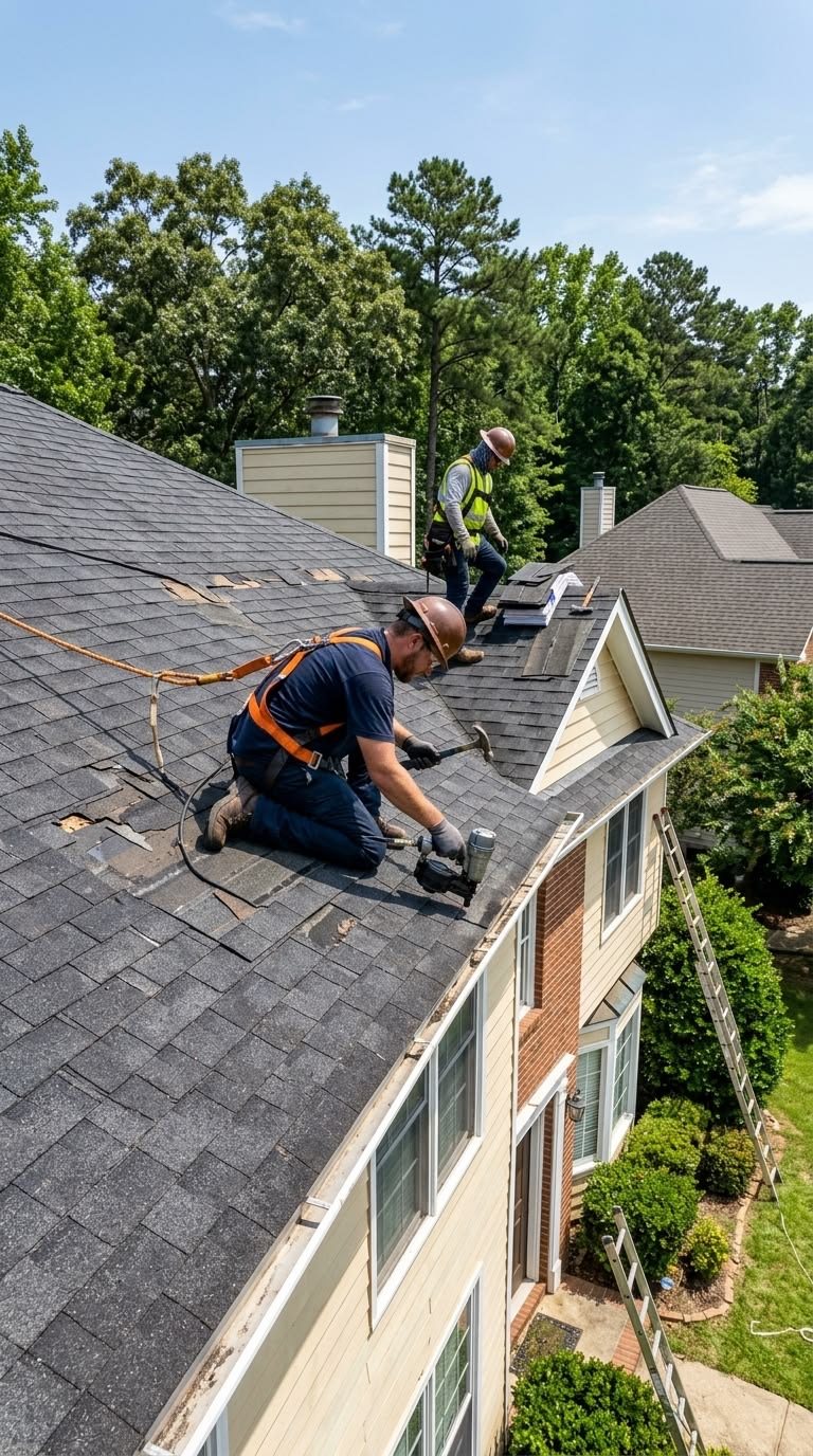 Trophy Exteriors inspector climbing a ladder to inspect a shingle roof