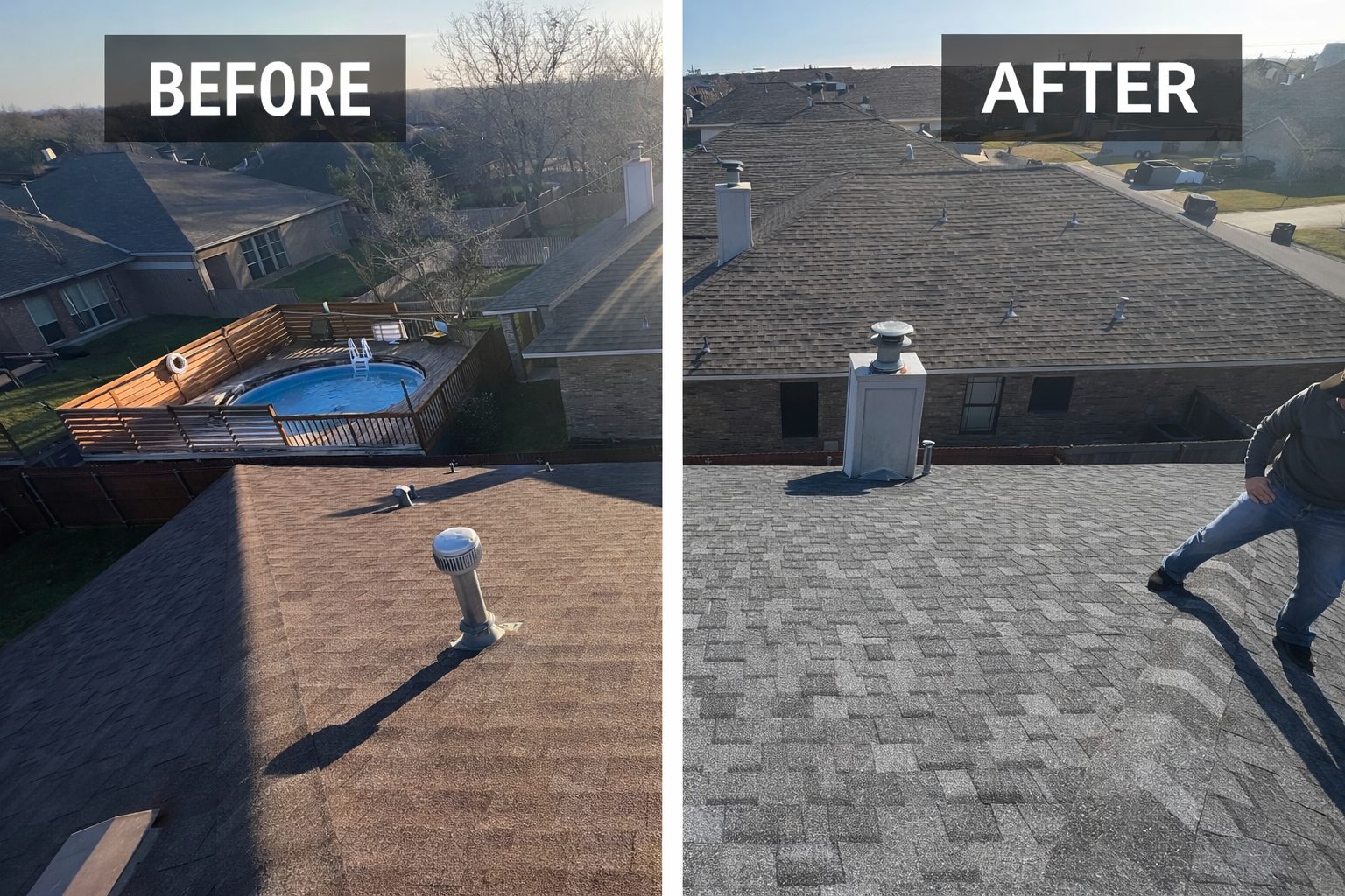 Aerial view of large stone home with new dark shingle roof in Southlake TX